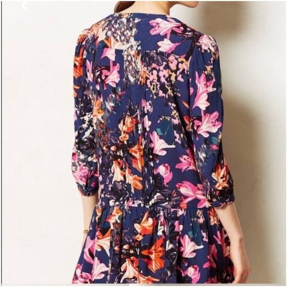 Anthropologie Maeve Caravane Boho Tunic Navy Floral V-Neck Drop Waist Dress - Picture 3 of 10